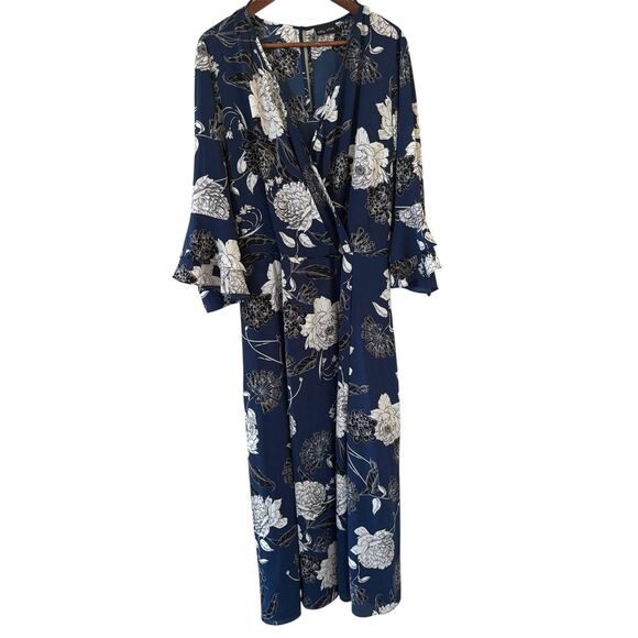Bohemian Floral Maxi Dress Blue Aprox 2X Long V-Neck 3/4 Sleeves Feaux Wrap City - Picture 1 of 16